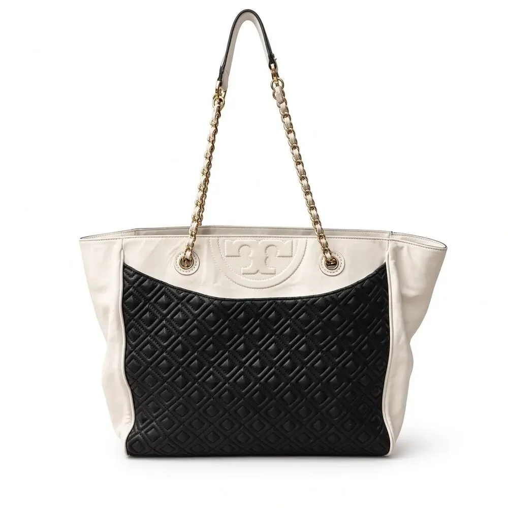 Tory Burch Fleming Soft Chain Tote Black Ivory Quilted Leather Gold Chain